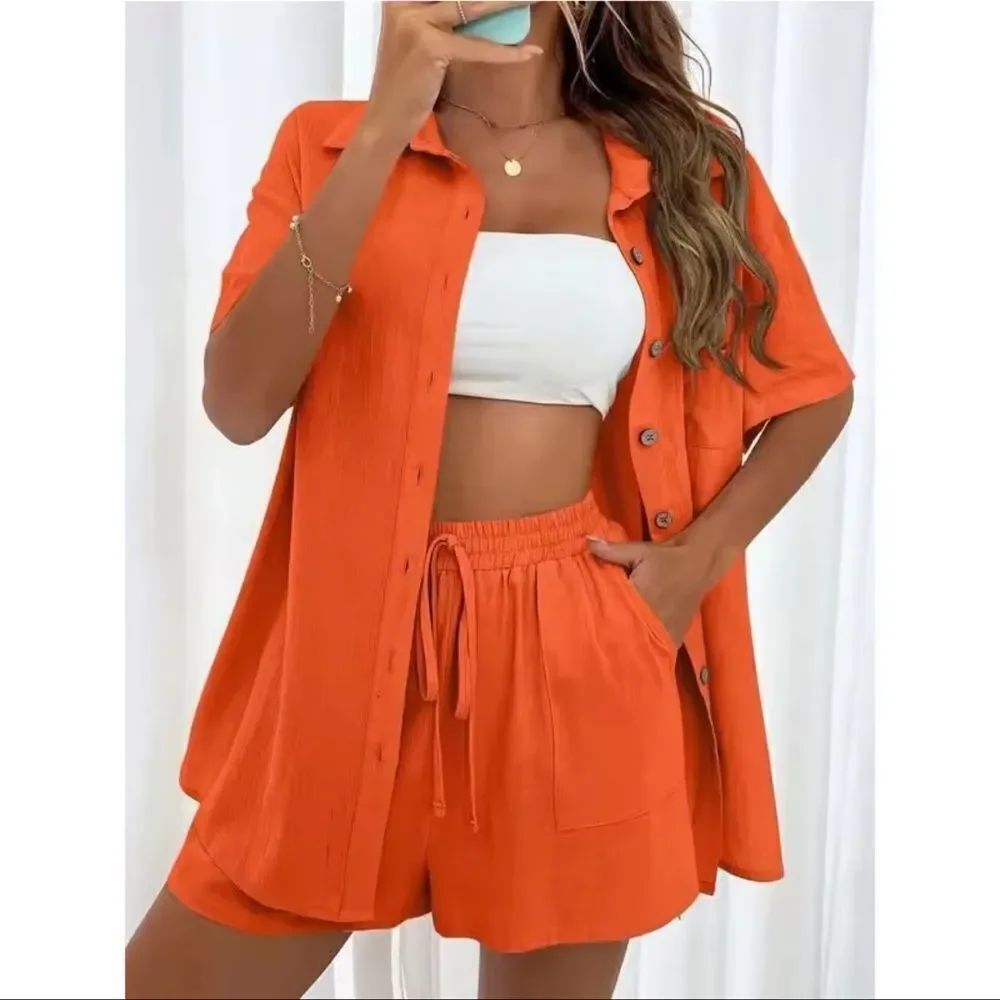 NWOT Orange Button-Up Shirt and Shorts Set - Picture 4 of 15